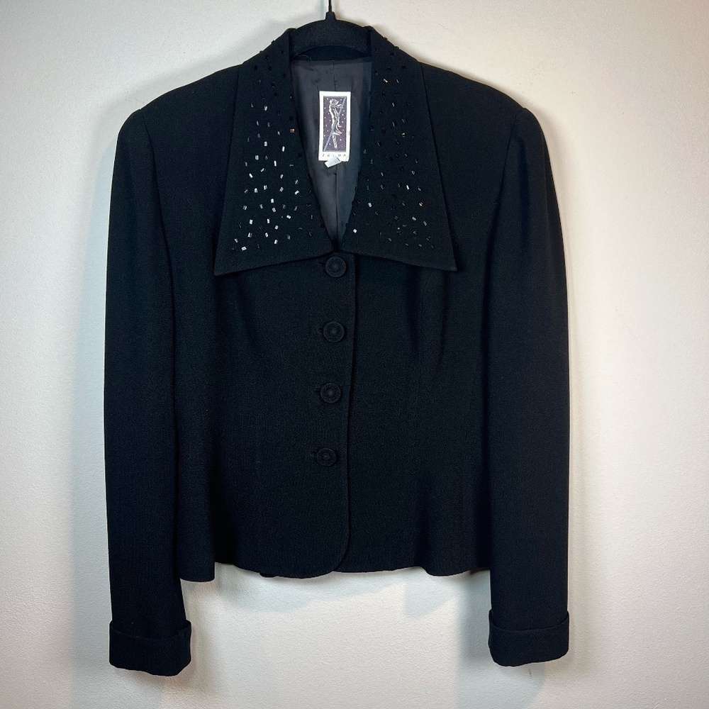 Zelda Vintage Sparkly Beaded Blazer Jacket Black Point Collar Lined Classic Sz 4